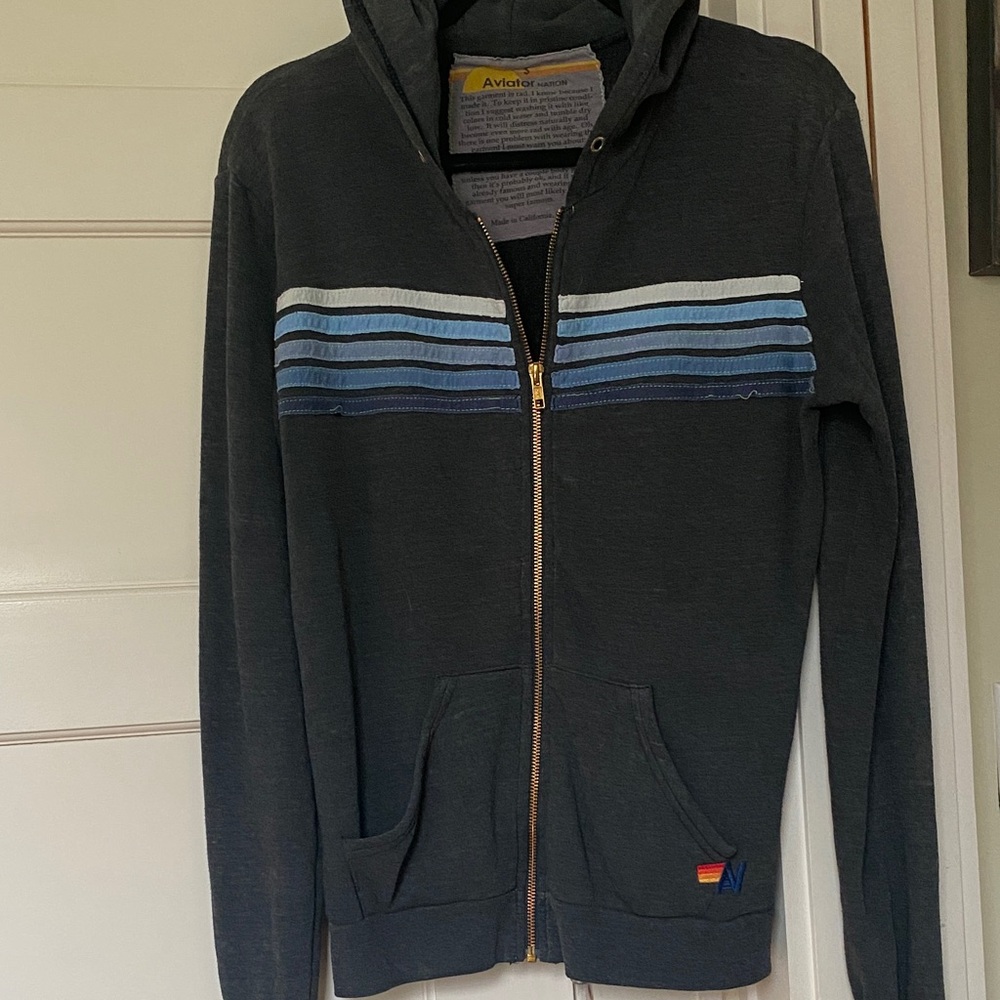 Aviator Nation Navy Blue Women’s 5 stripe blue zip hoodie size small
